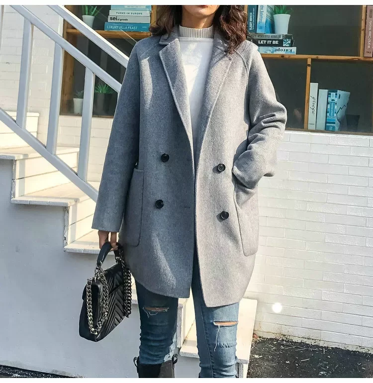 

2022New Spring Women Midi Length Coat Turn Down Collar Drouble Button Design 100% Wool Women Gray Black Woolen Coat Casaco Femin
