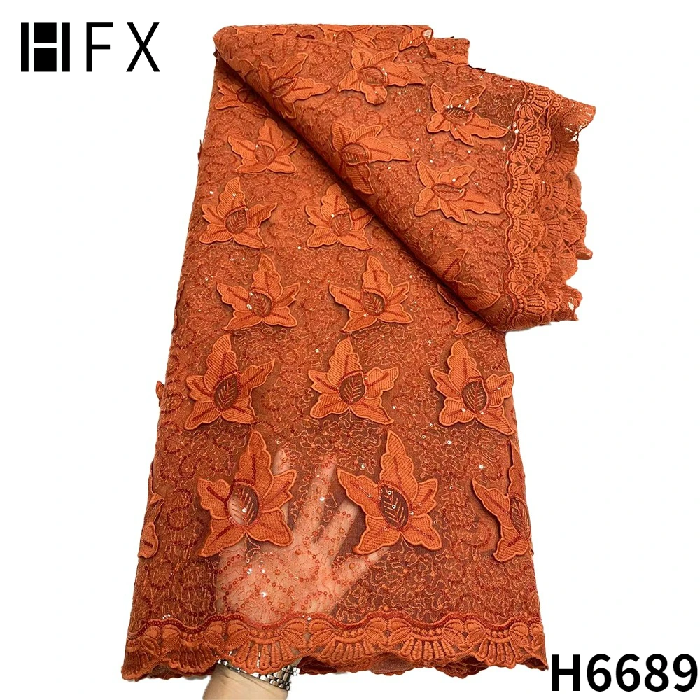 

HFX Burnt Orange African Lace Fabrics 2022 High Quality Embroidery French Tulle Mesh Sequin Lace Fabric For Nigeria Party F6689