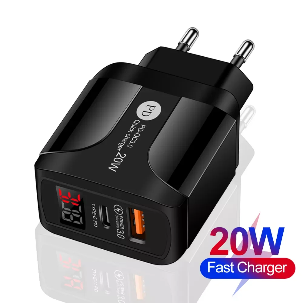 

20W USB-C Quick Charger QC 3.0 Dual Ports with LED display For iPhone 12 Huawei Fast Phone Charge Wall Adapter