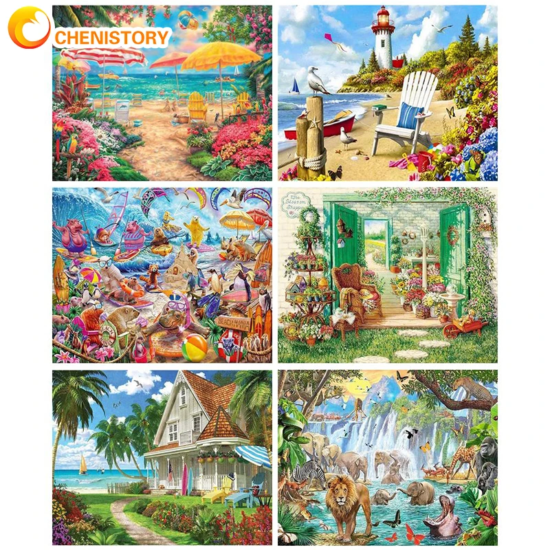 

CHENISTORY 60X75cm DIY Picture By Number Beach Oil Painting By Numbers On Cavans Digital Painting Frameless Home Decor