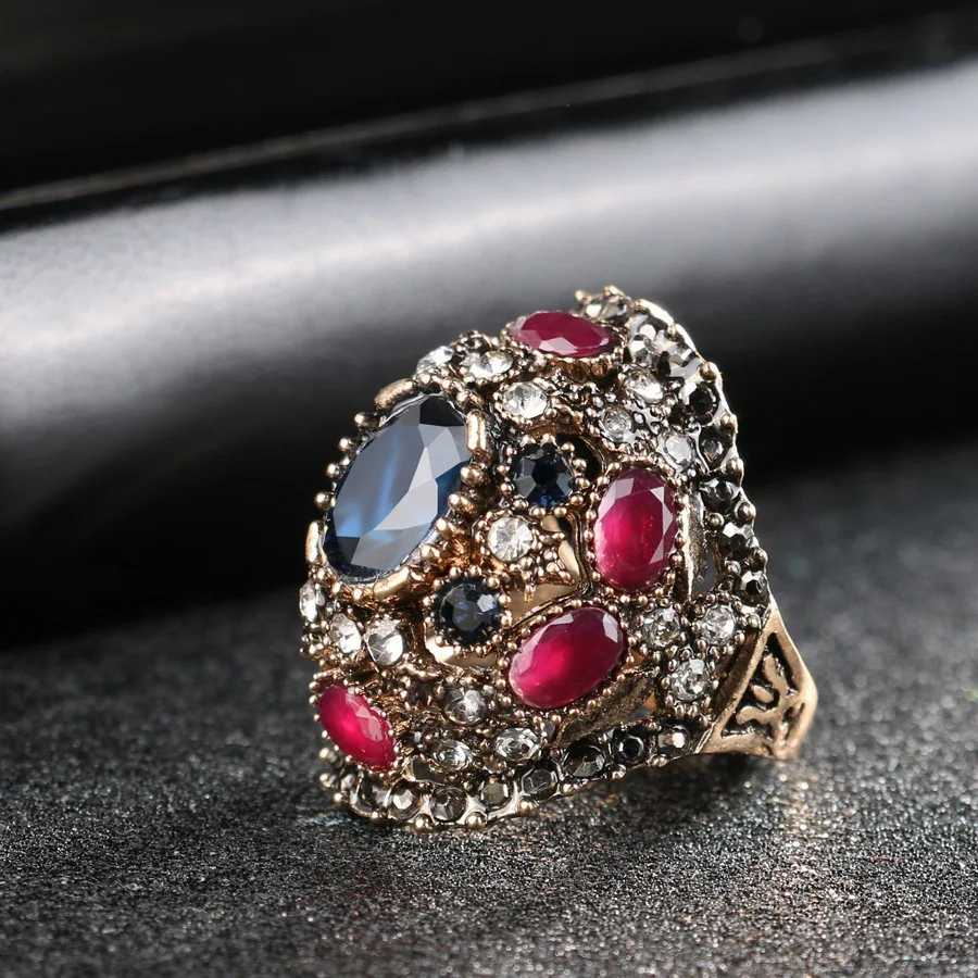 

Luxury Turkish Jewelery Colorful Resin Ring Color Ancient Gold Vintage Wedding Rings For Women Crystal Accessories Gift