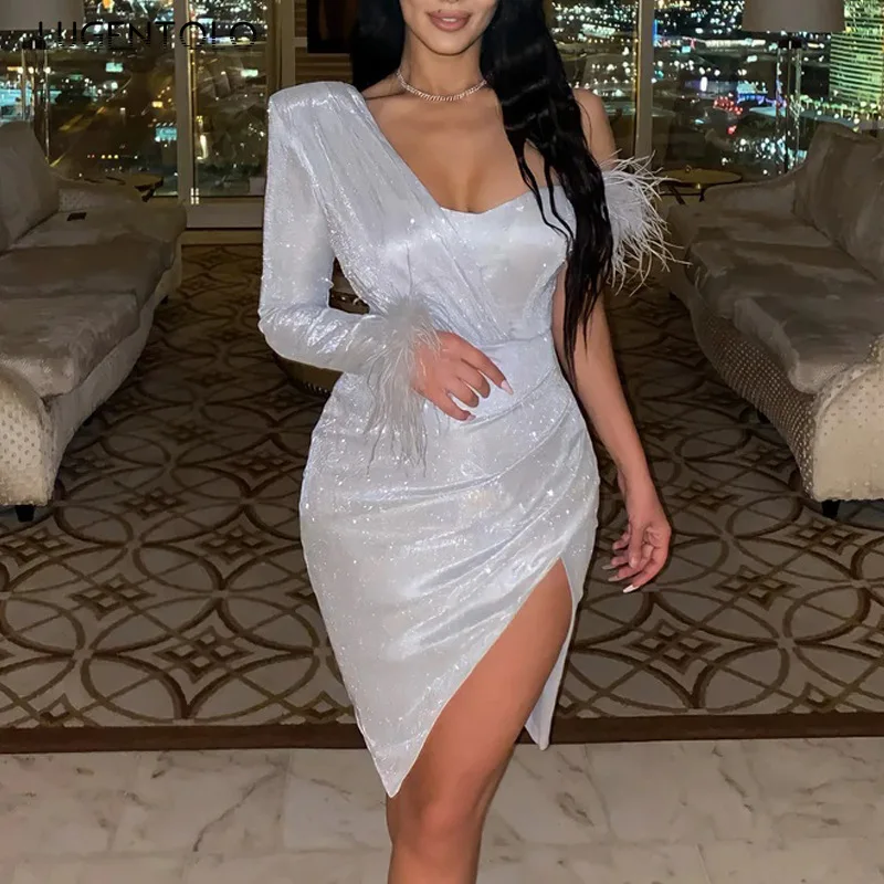 

Women Sexy Dress One-shoulder Slim Party Pencil Dresses Ladies Silver Color Spring Summer Short Dress