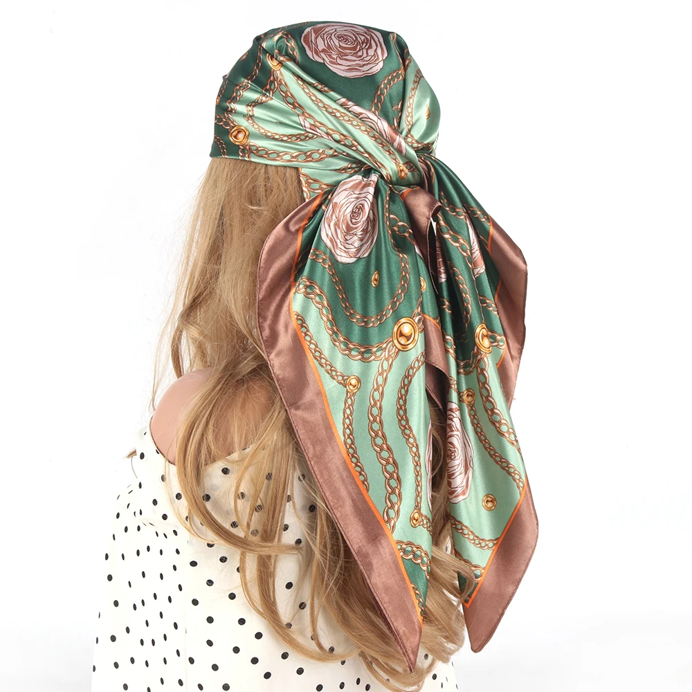 Шарф для волос 90*90 см женский платок с розой мягкий атласный квадратный шелковый