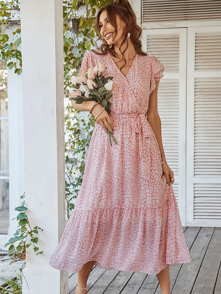 

Spring Summer Women Sweet Dress Elegant Casual Print Floral Office Lady Slim V Neck Short Sleeve Lace Up Sexy Midi Long Dress