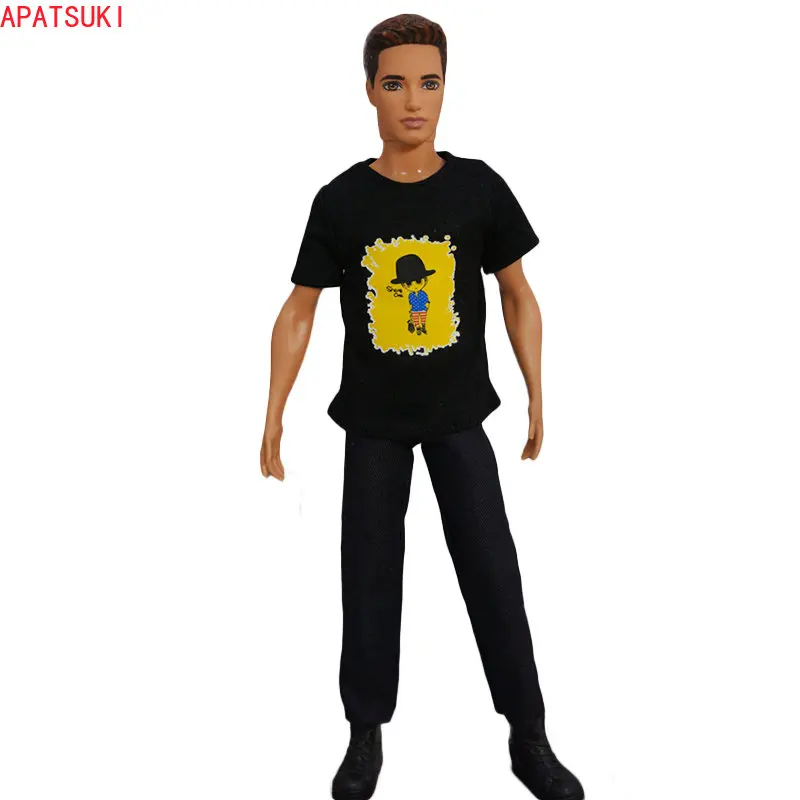 Black Cartoon Pattern T-shirt & Black Pants For Ken Dolls Clothes For Barbie's Boyfriend 1/6 Ken Boy Dolls