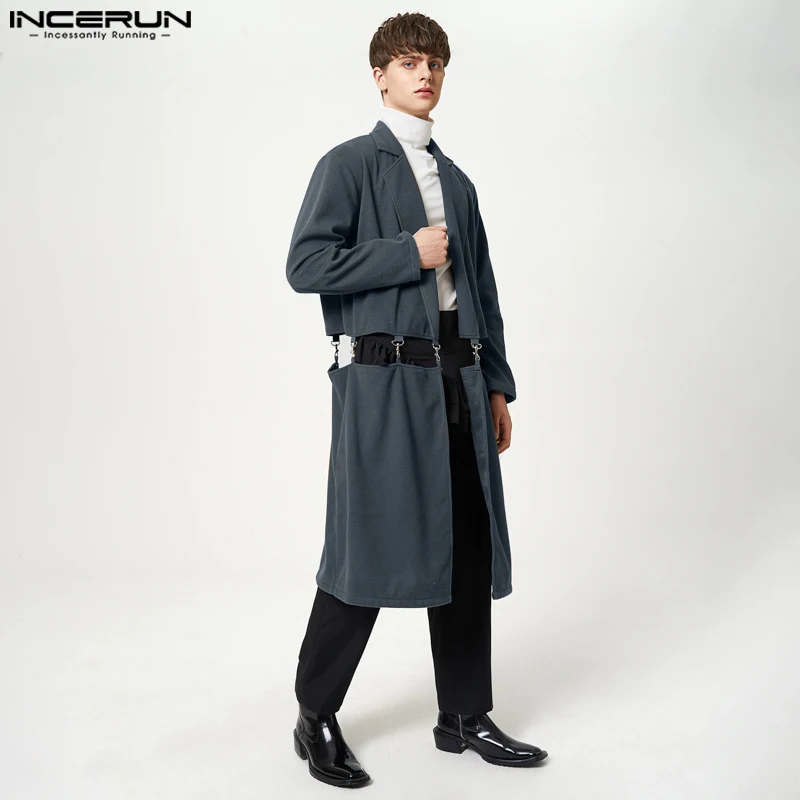 

INCERUN Tops 2023 America Style Men Solid Chain Splicing Cardigan Trench Autumn Wnter Medium Long Loose Comfortable Coats S-5XL