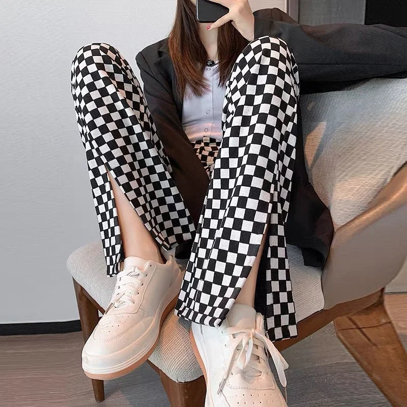 

Wide Leg Palazzo Summer Women's Plaid Checked Pants 2023 Flared Leggings Straight Trendeez Korean Trousers for Women Vintage Hot