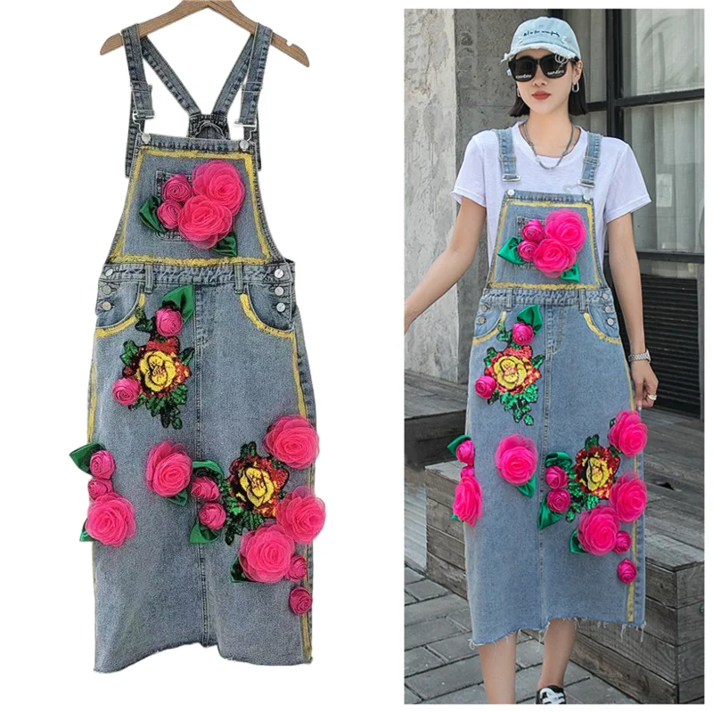 2023 Summer New Women Loose Denim Dress Ladies Sequins 3D Flower Jean Dress Female Ripped Vintage Spaghetti Strap Denim Dresses