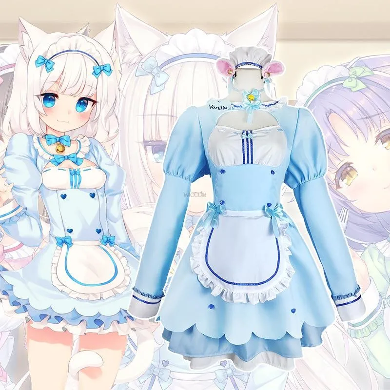 Game Nekopara Cosplay Costume Chocola Clothes Wig Vanilla Suit Cat Girl Maid Costume Lolita Women Skirt Lovable Pink Blue Color
