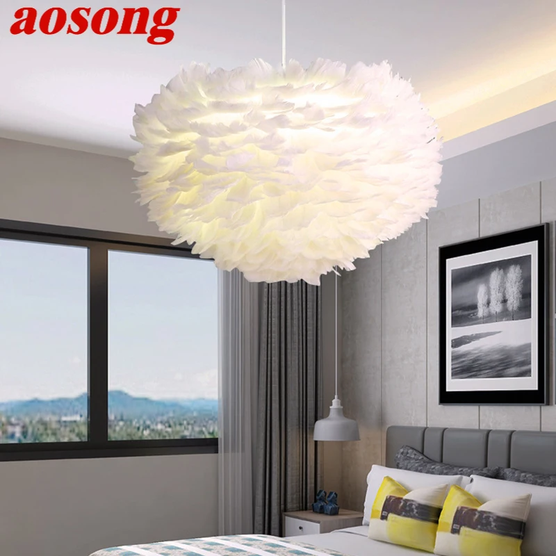 

AOSONG Nordic Pendant Lamp Creative Modern White LED Vintage Feather Fashion Light Fixtures for Home Dining Room Bedroom Decor