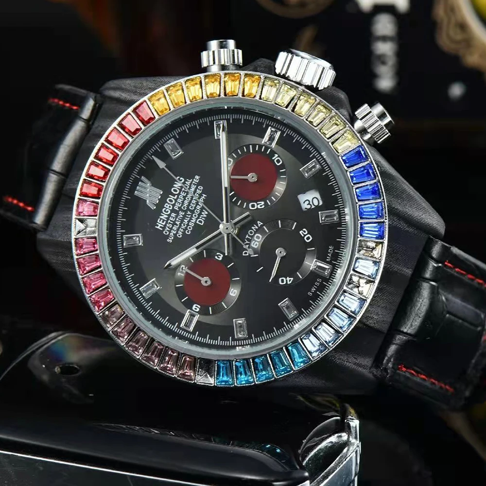 

Sports Chronograph Male Military Creative Quartz Watch for Men Diamond Case Multifunction Dial Black Leather Strap Reloj Hombre
