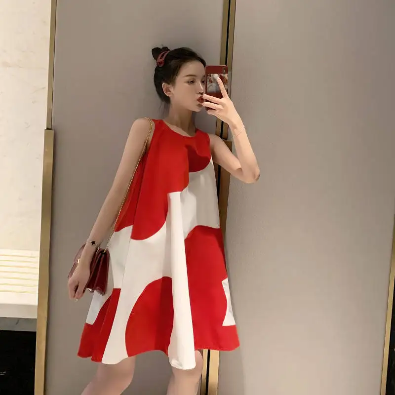 

Свободные летние короткие платья большого размера, женское мешковатое мини-платье-трапеция без рукавов с круглым вырезом, повседневное шикарное корейское лоскутное платье Y2k