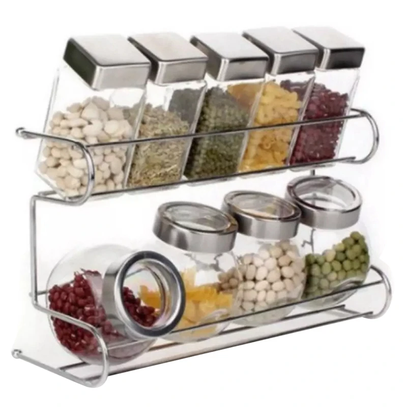 

2 Tier Layer Glass Bottle Spice Organiser Spices Storage Rack,5 Glass Bottle + 4 Glass Jars
