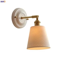iwhd 2022 new ceramic led wall lights fixture white canopy copper arm socket bedroom living room nordic modern wandlamp aplique