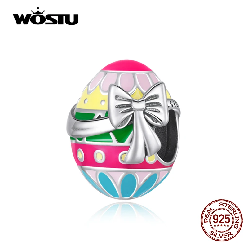 

WOSTU 925 Sterling Silver Colorful Easter Egg Bow Charm Bead Pendant Fit Original Bracelet Necklace For Women Jewelry CQC2119