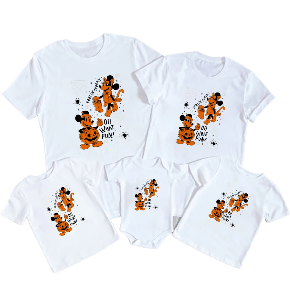 

Лидер продаж, семейное белое повседневное уличное платье Disney серии Хэллоуин с принтом Микки и Минни, одежда для мамы и ребенка