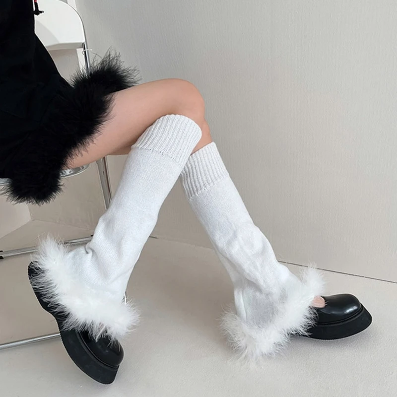 

Women Winter Knit Flare Leg Warmer Socks Furry Plush Hem Knee High Foot Cover