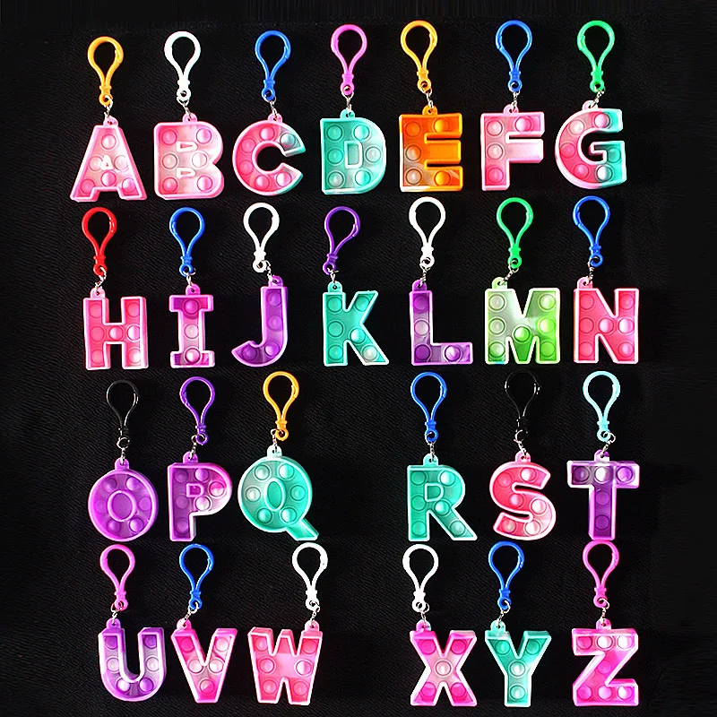 26-letter Keychain Fidget Toys Silicone Push Bubble Simple Dimple Bag Ornaments Popite Anti Stress Kids Birthday Gifts