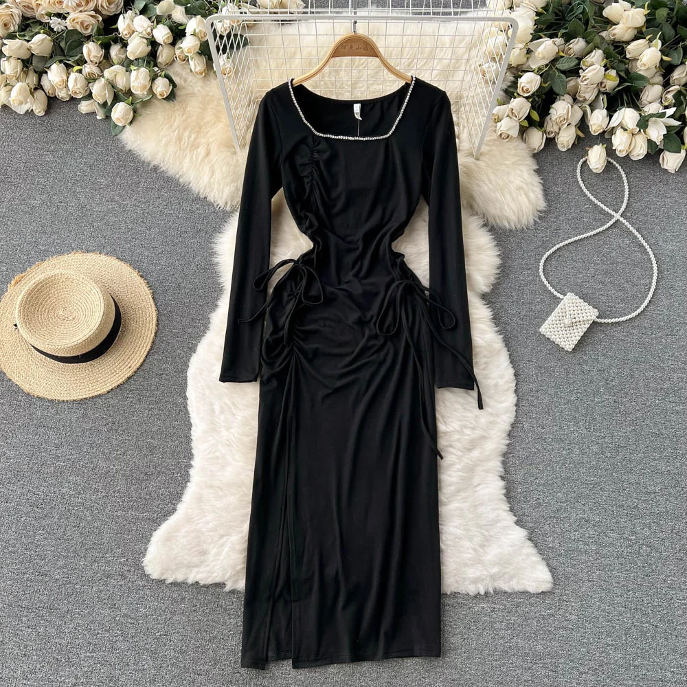 

Сексуальное женское платье стразы с квадратным воротником и длинным рукавом в винтажном стиле черное Бандажное приталенное вечернее плать...