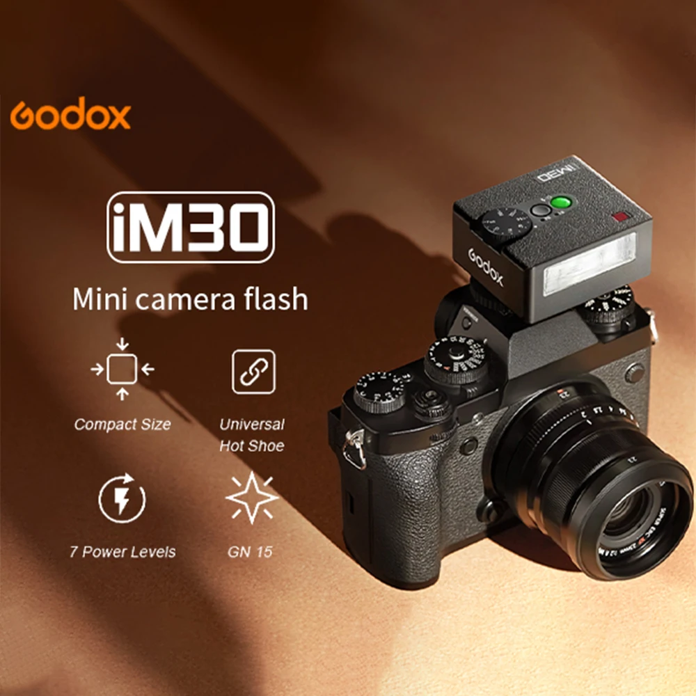 Фото Вспышка Godox iM30 Mini Flash Speedlite GN15, 7 уровней мощности, 78 г, карманная, ручная, для крепления на камеру, с оптическим триггером S1/S2 №2