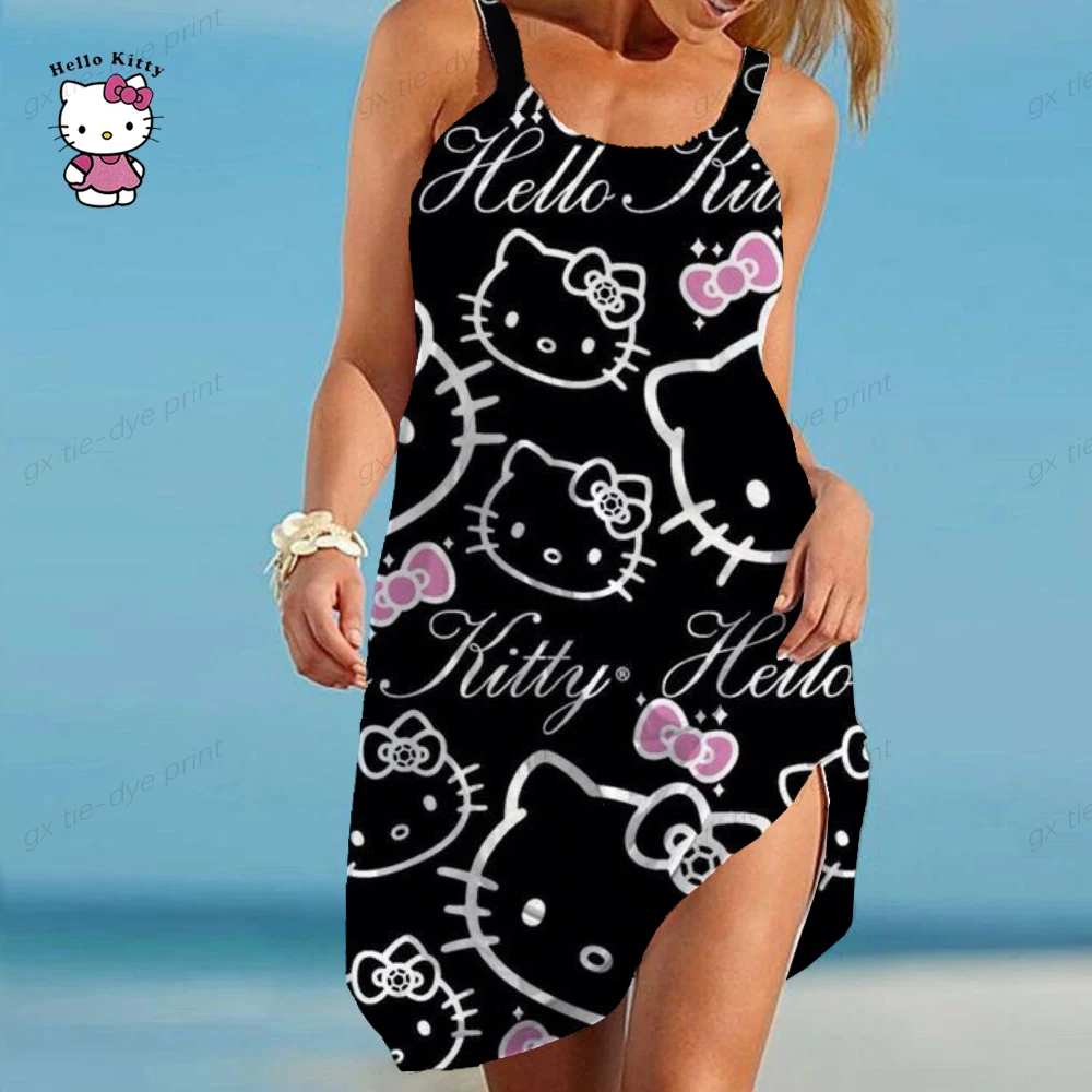 

Summer Sexy Halter Drawcord Dress Women Fashion Hello Kitty Print Backless Sleeveless Evening party A-line Dress Women Elegant