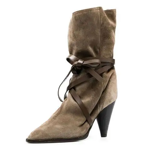 

Hot Women Fashion Gray Brown Suede Spike Heels Cross Tied Mid-calf Boots Female Slip On Tube Lace Up High Heel Short Booties