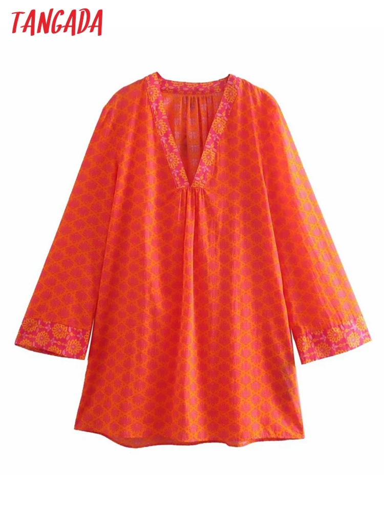 

Tangada 2022 Fashion Women Orange Flowers Dress V Neck Long Sleeve Ladies Loose Dress 4M195