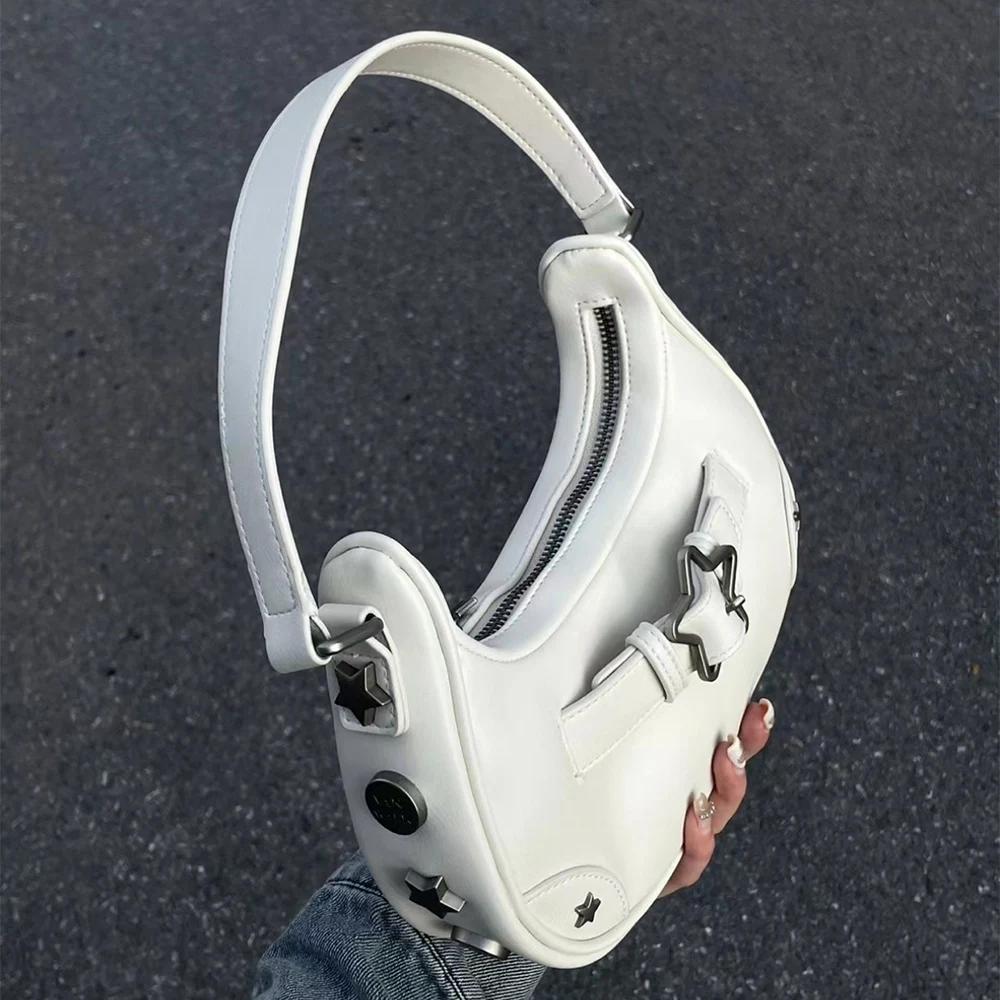 Y2K New Star Underarm Bag Vintage Leather Denim Zip Handbag Casual Versatile Cute Girl Women One Shoulder Backpack Accessories