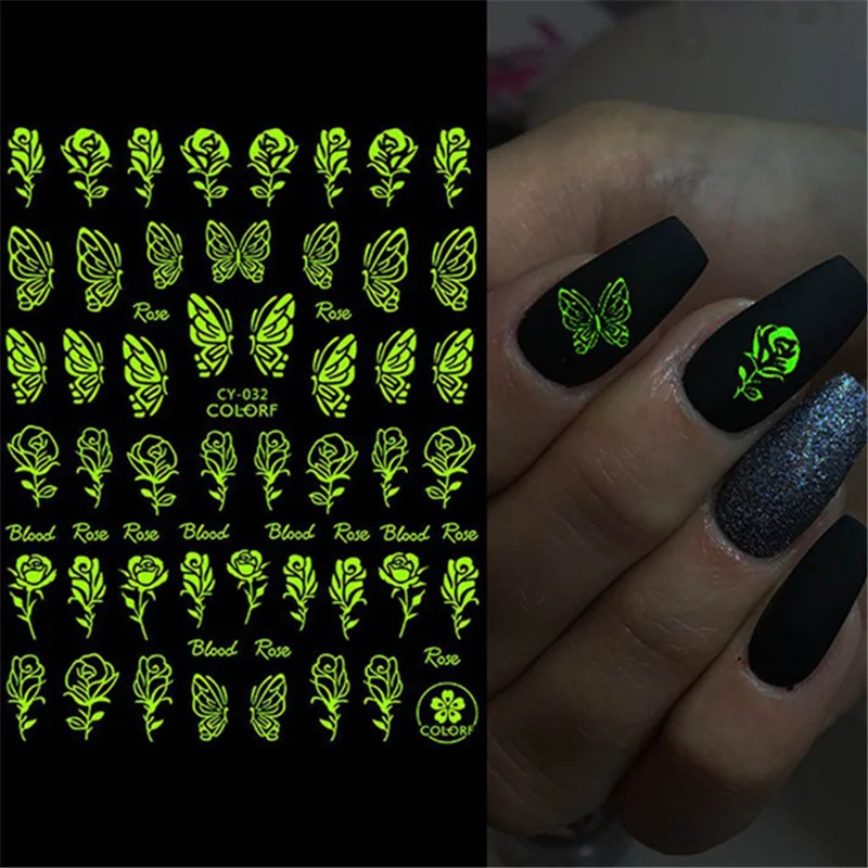 

3D Luminous Nail Stickers Flame Butterfly Star Moon Summer Design Glow In The Dark Sliders Manicure Decorations NEW