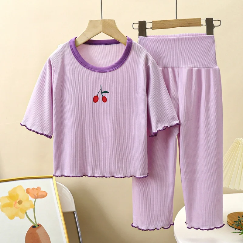 

Baby Girls Cotton Clothes Kid Summer Short Sleeve T-Shirts High Waist Trousers Set Young Top Pants Loungewear Pajamas Sleepwear
