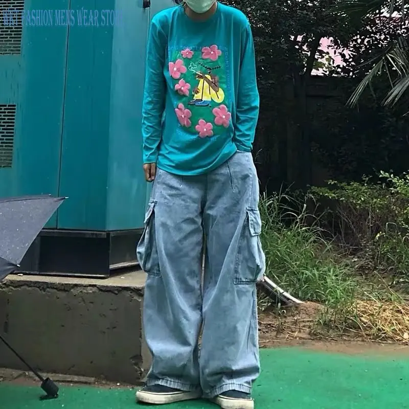 Retro Workwear Jeans Men's Clothing Loose Straight Wide-Leg Harajuku Style Bloomers Cargo Streetwear Pants for Men Drawstring