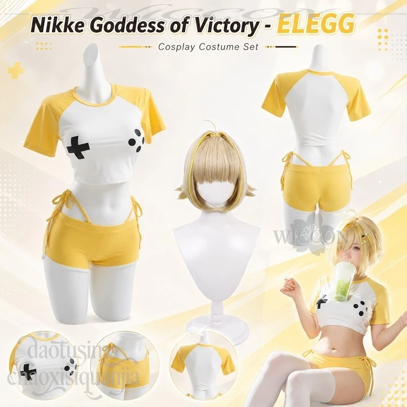 Фото Косплей по игре Goddessss Anime Game Victorryy, новый наряд ELEGG, милый желтый спортивный костюм, комплект футболок, одежда для йоги и плавания, парики, для вечеринки на Хэллоуин. №1