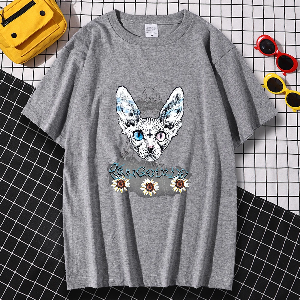 

Different Pupil Hairless Cat Print Men'S T-Shirts Casual Crew Neck Tees Shirts Casual Brand Streetwear High Quality Tshirts Men