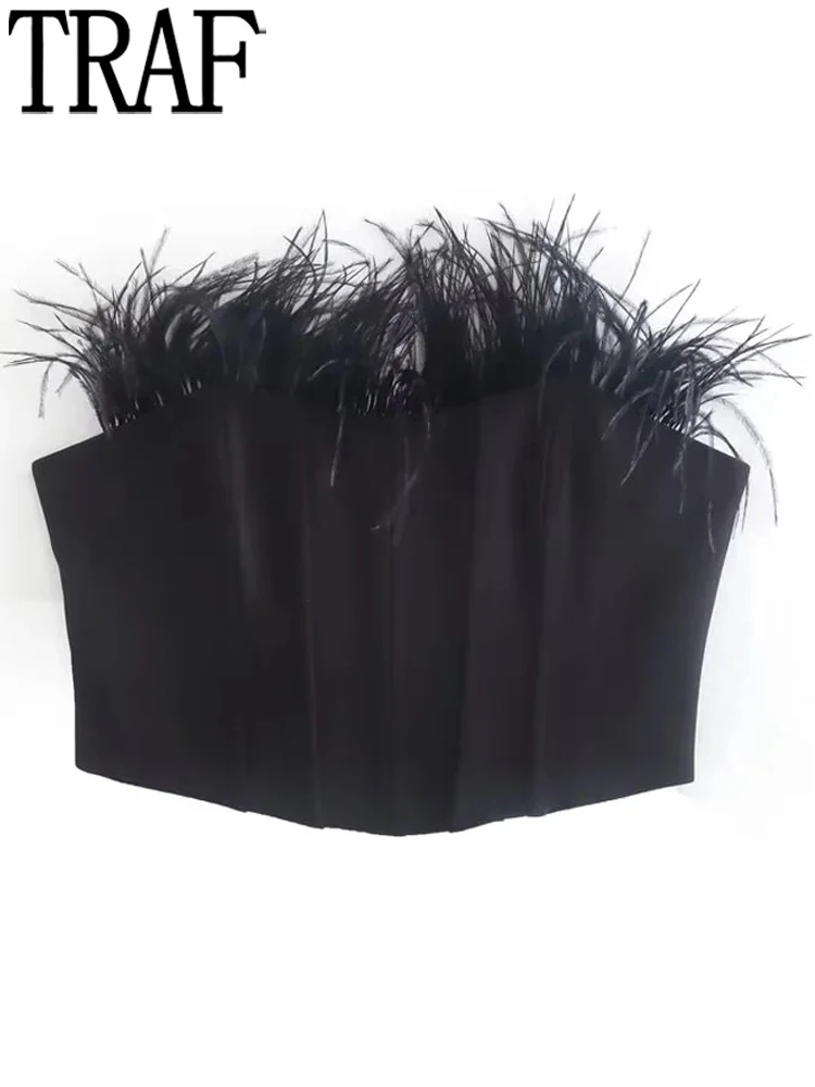 

Корсет TRAF с перьями, топ, женский черный укороченный топ, сексуальные летние топы с открытыми плечами, женский топ с открытой спиной, женские...