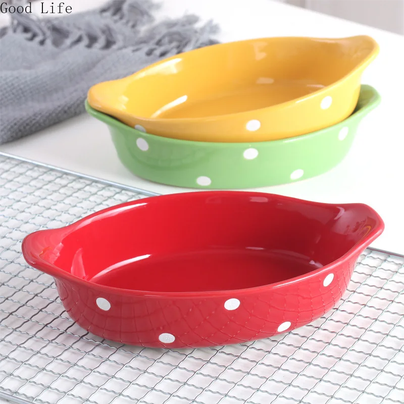 

Polka Dot Cheese Baked Rice Plate Microwave Oven Ceramic Western Food Dish Kitchen Tableware Creative Home Baking Bowls