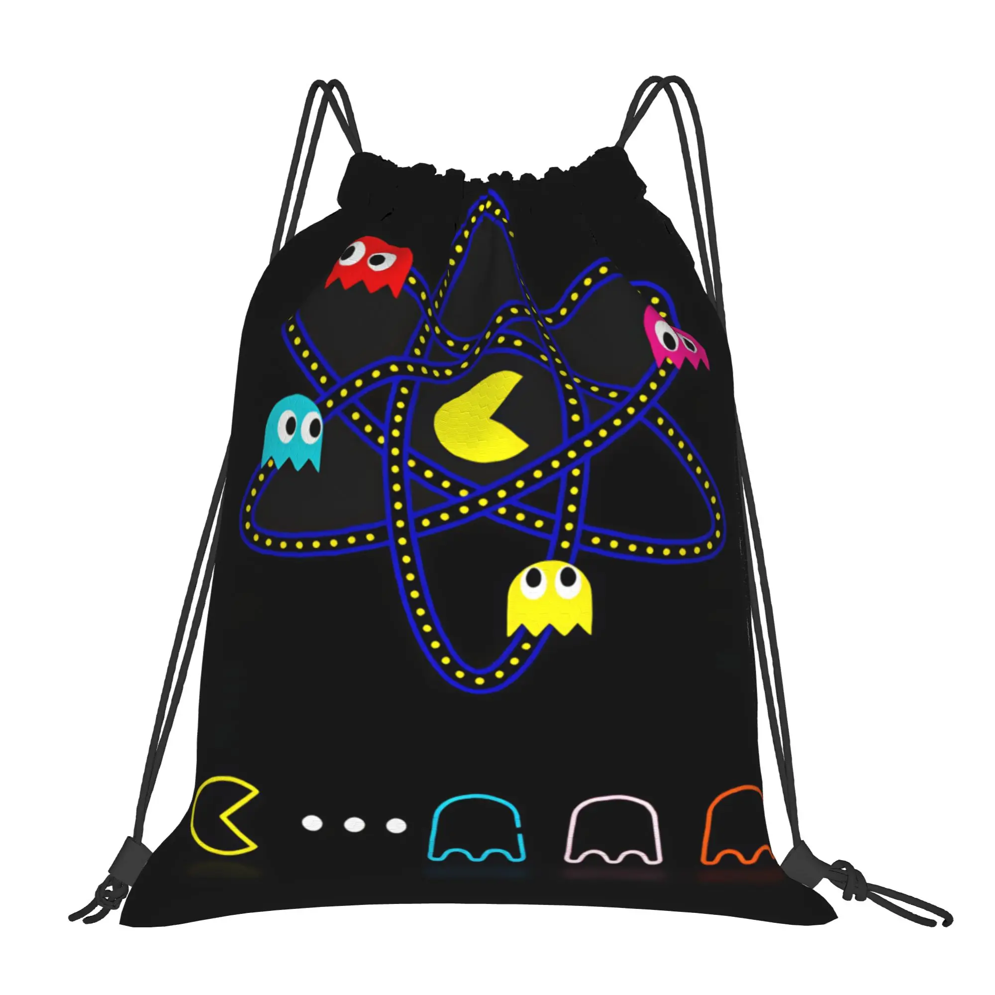 Фото Рюкзак Pac-Man, портативная забавная сумка на шнурке для студентов, спортзала, фитнеса, индивидуальная сумка-мешок на шнурке №1