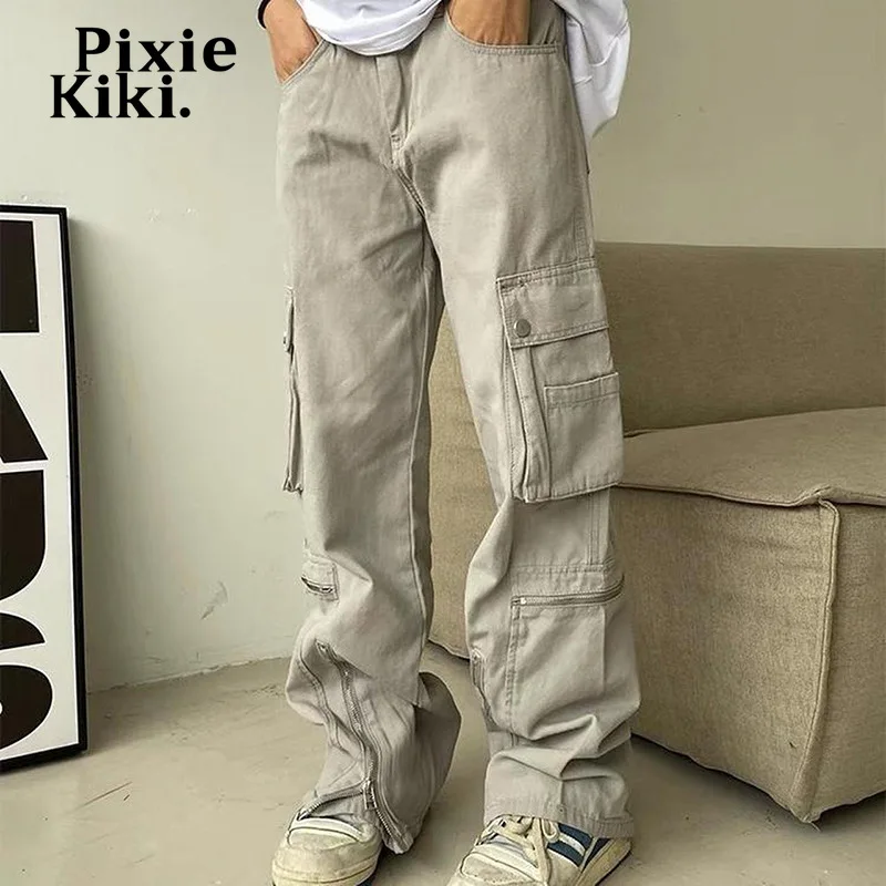 

PixieKiki Y2k Low Rise Baggy Jeans Womens Streetwear Cargo Pants Casual Khaki Denim Trousers 2000s Clothes P84-FD50