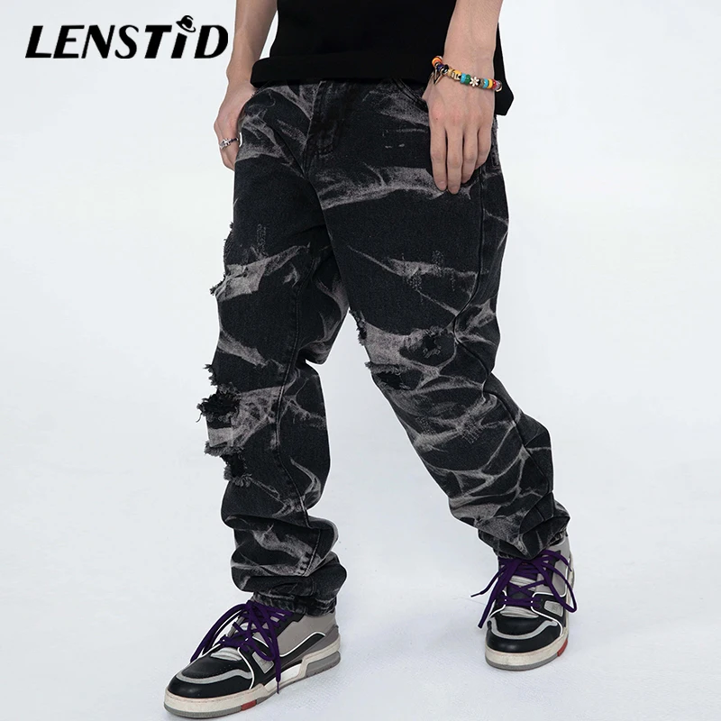 

LENSTID Spring Men Ripped Hole Denim Pants Hip Hop Designer Jogger Jeans 2022 Streetwear Harajuku Casual Cotton Harem Trousers