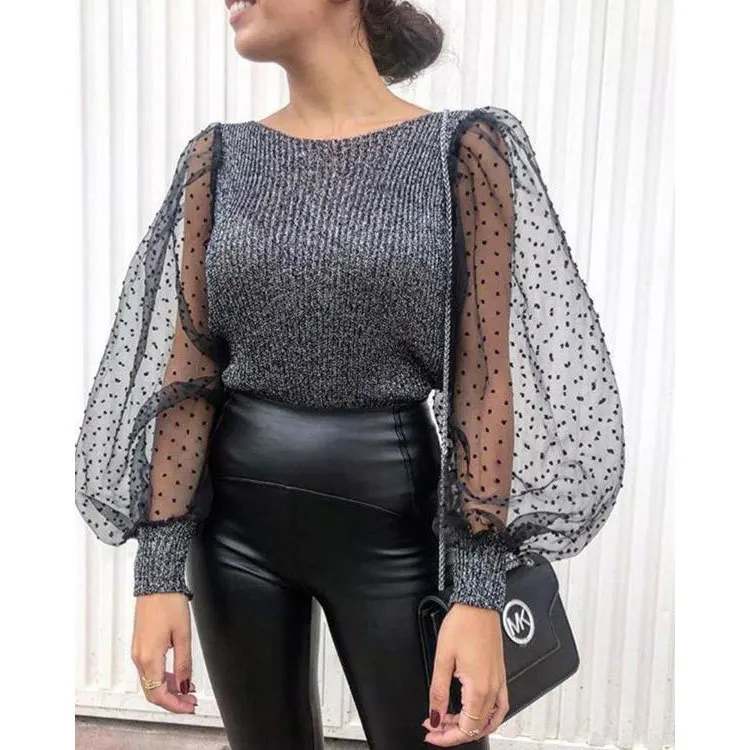 

Women's European and American Chiffon Lantern Sleeve Round Neck Knit Slim Top