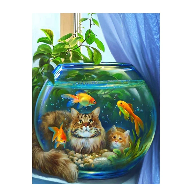 

Diamond Painting Kit DIY Diamond Embroidery Rhinestone Home Decoration Cute Fish And Cat Fish Tank