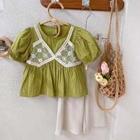 lzh 2022 summer fashion baby girls suit short sleeved top wide leg pants two piece set for kids clothes girls outfits 3 8 year
