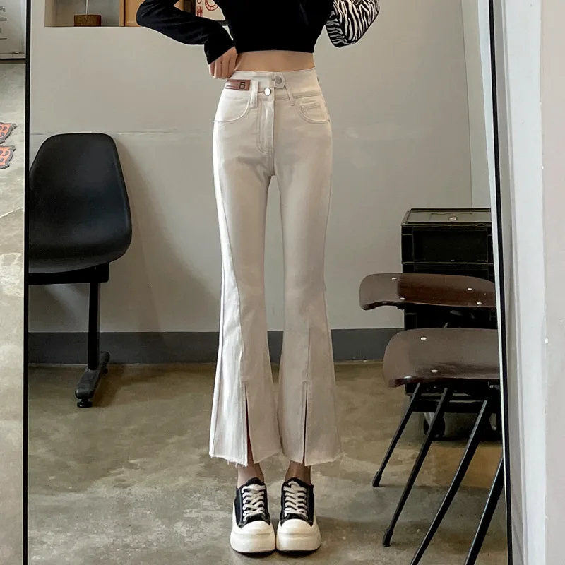 

Slit Weave Jeans Women's Flared Spring 2022 New Summer High Waist Slim Nine Points Ankle Length Small Flared Y2k Denim Pants