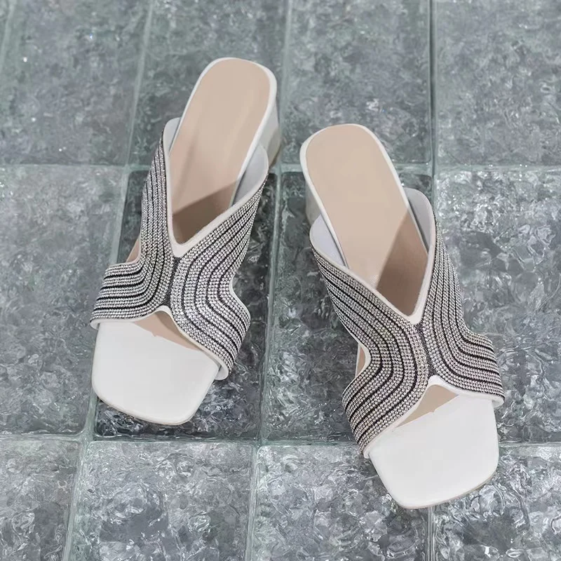 

Shoes for Women 2023 Fashion Slippers Summer Casual Crystal High Heeled Zapatos De Mujer Sandalias Rubber Square Heel Slides