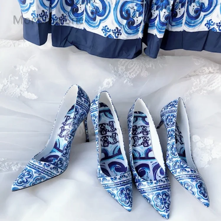 Blue and White Porcelain Printed High Heels Women Pupms Pointed Toe Stiletto Single Shoes Banquet Temperament Women's Shoes