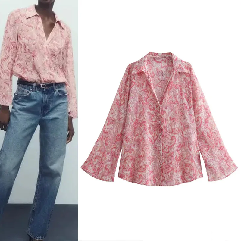 

TRAF Paisley Print Shirts For Woman 2023 Vintage Lapel Button Blouse Long Sleeve Elegant And Youth Woman Blouses Summer Tops