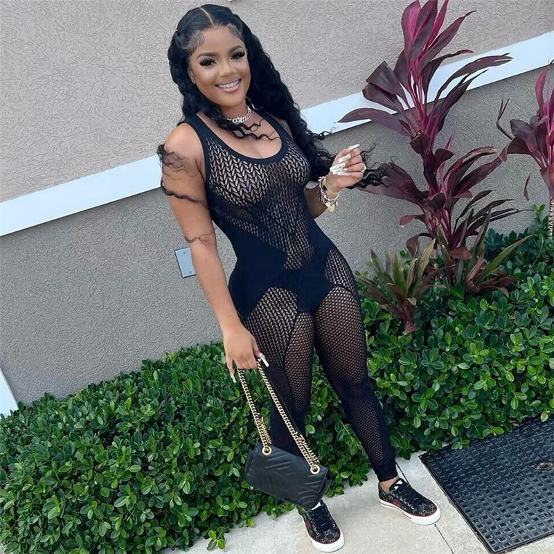 

2023 Summer Sexy Night Club Crochet Knitted Women Jumpsuit Solid Sleeveless Hollow Out Bodycon Beach Rompers
