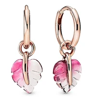 authentic 925 sterling silver sparkling pink murano glass leaf hoop earrings for women wedding gift pandora jewelry