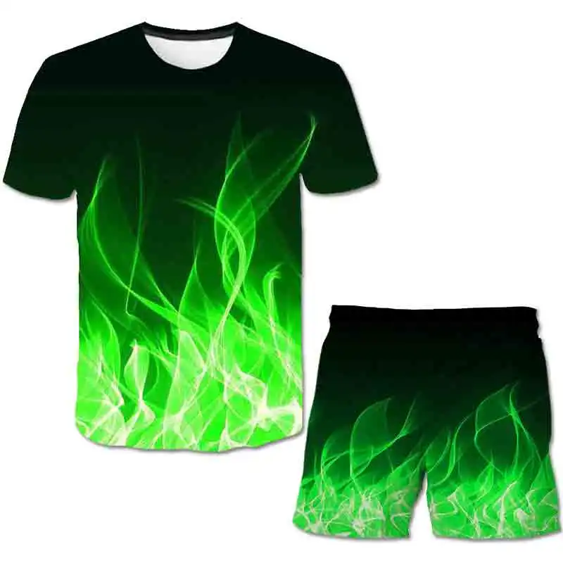 

2022 summer hot sell style Flame T shirt suit 2pcs T shirt top+pants shorts kid boys girls 3D print fashion loose T shirt suit