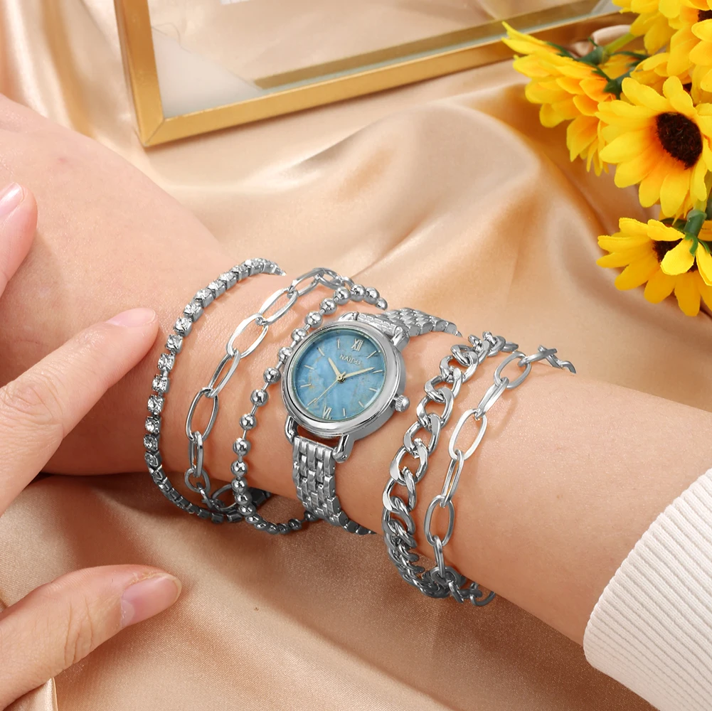 

Women Watch Stainless Steel Quartz Watch Fashion Light Blue Marbling Clock Bracelets Set Creative Gift for Girl Relogio Feminino