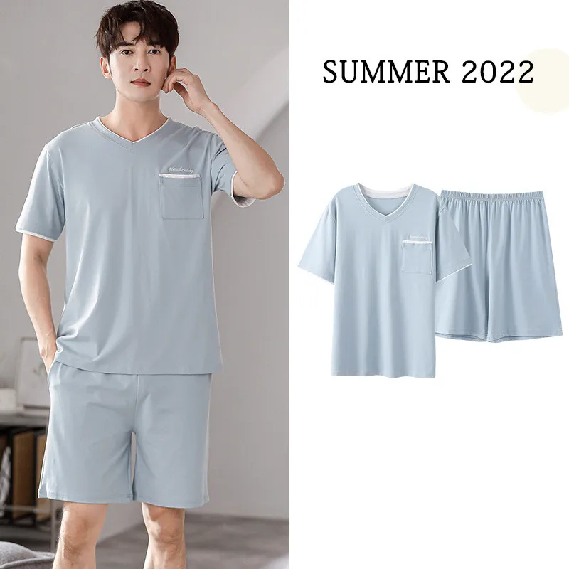 Men's Pajamas 2022 Summer New Modal Cotton Short-sleeved Shorts Home Wear Pijamas Two-piece Boy Thin Ice Silk Sleepwear Set